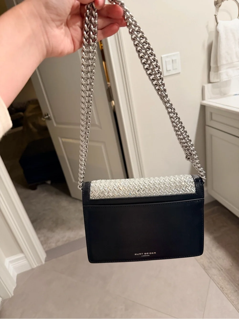 Kurt Geiger Silver Mirror Woven Crossbody with Black Trim and Silver Chain Strap